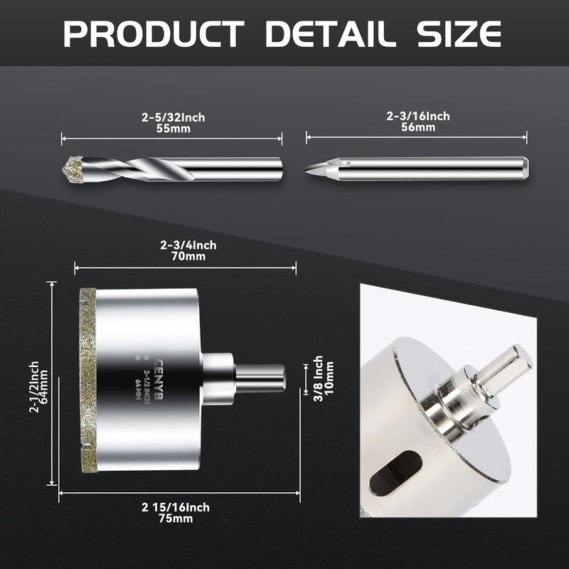 cenyb 2-1/2inch | 64mm Diamond Hole Saw with Center Drill bit and Diamond-Coated Center Drill bit for Ceramic Glass Marble Fiberglass Granite and Porcelain Tiles by - Image 2